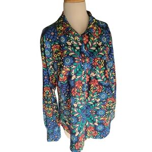 Merona Groovy Graphic Blouse Button up Long Sleeve Top X Large Retro Style